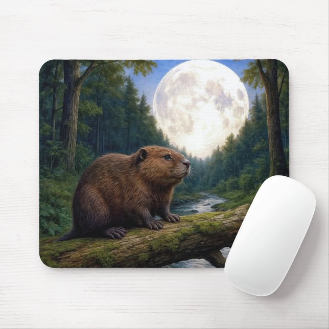 Mousepad Beaver On a River Log in the Moonlight (Com mouse)