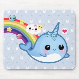 Mousepad Bebê bonito narwhal com arco-íris, nuvens e