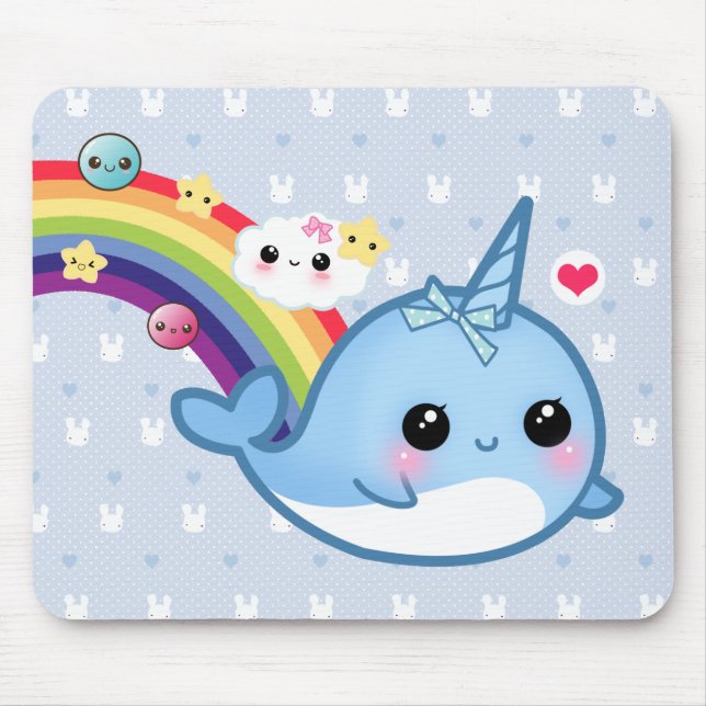 Mousepad Bebê bonito narwhal com arco-íris, nuvens e (Frente)