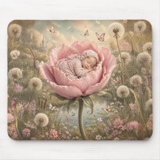 Mousepad Bebê dormindo em flor rosa  (Frente)