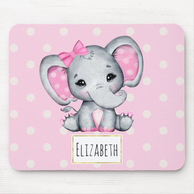 Mousepad Bebê-Elefante Rosa-Gelado com Orelhas de Bolinhas (Frente)