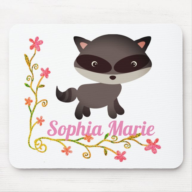Mousepad Bebê-guaxinim bonito com flores (Frente)