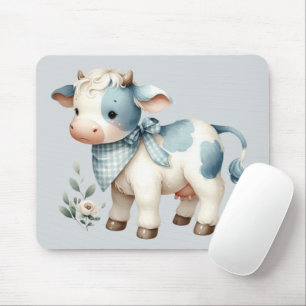 Mousepad Bebê Vaca Xadrez Azul Estética Pastel Fazenda