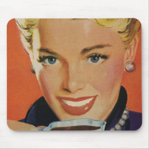 Mousepad Bebidas do vintage, mulher feliz com chávena de