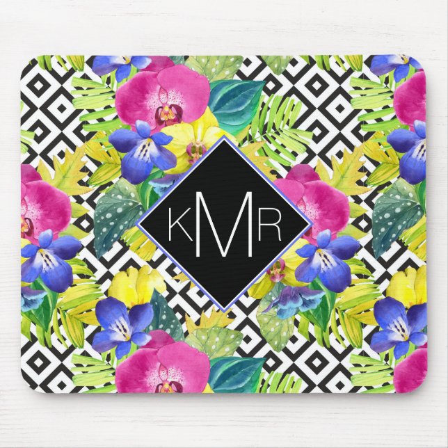 Mousepad Begónia da orquídea e monograma das folhas de (Frente)