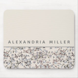 Mousepad Beige Linen Floral Nome Personalizado