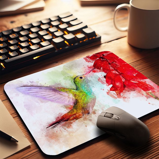 Mousepad Beija-flor em Aquarela se Alimentando de Flor Verm (Watercolor Hummingbird Feeding on Red Flower. Mouse Pad)
