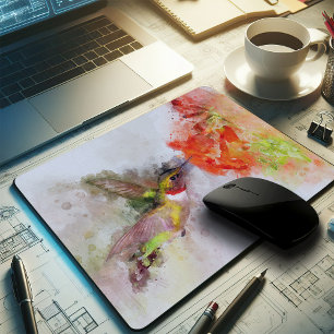 Mousepad Beija-flor em Aquarela se Alimentando de Flor Vibr
