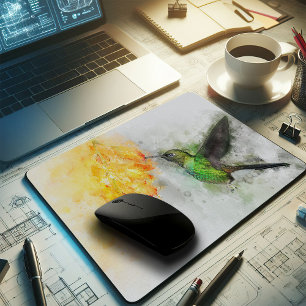 Mousepad Beija-flor Vibrante e Aquarela Floral Amarela