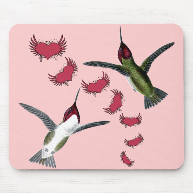Mousepad Beija-flores Grunge Corações com Asas (Frente)