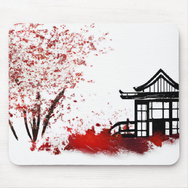 Mousepad bela casa japonesa na floresta cerejeira florescen (Frente)