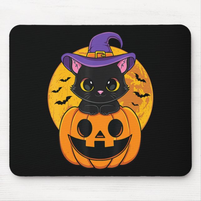 Mousepad Bela Fantasia de Gato Preto de Halloween com Abóbo (Frente)