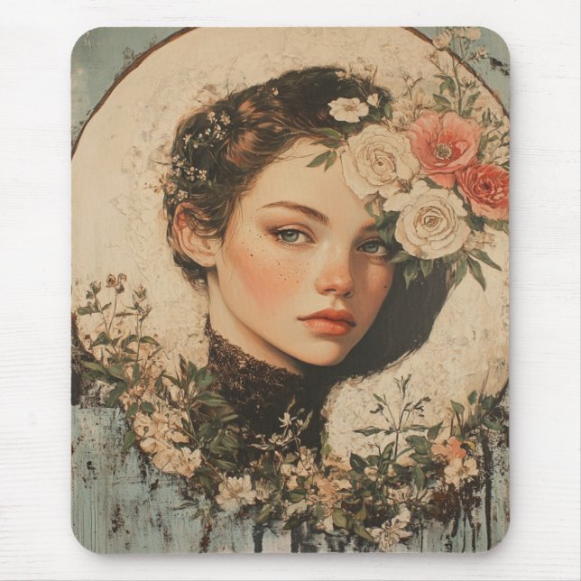 Mousepad Bela Lua - Mulher com Flor e Lua Cheia (Frente)