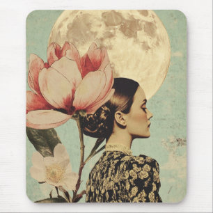 Mousepad Bela Lua - Mulher com Flor Rosa e Lua