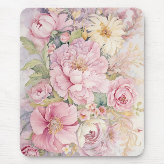 Mousepad Belas peônias rosa em aquarelas.  (Frente)