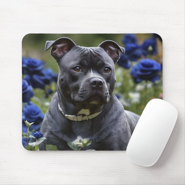 Mousepad "Beleza Azul do Brindle: Um Staffy Com Rosas Azuis (Com mouse)