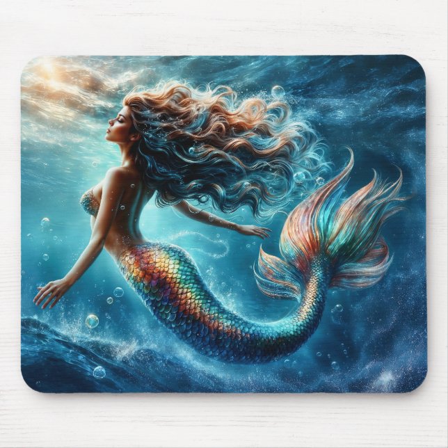 Mousepad Beleza erérea da sereia aquática em azul profundo (Frente)
