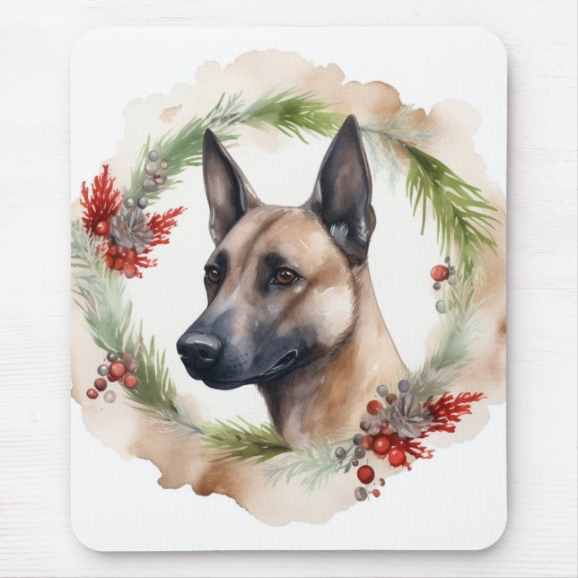 Mousepad Belga Malinoi Christmas Wreath Festivo Pup (Frente)