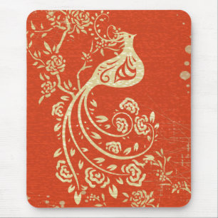 Mousepad Belo Dourado Pássaro Belo Rapariga Retro Floral