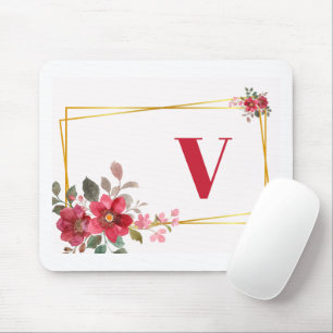 Mousepad Belo Floral Vermelho com Dourado Monograma