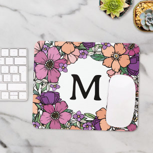 Mousepad Belo Monograma Floral Rosa Roxo Pêssego