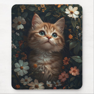Mousepad Belo Orange Kitten com flores selvagens