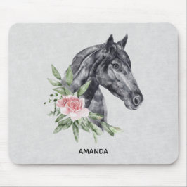 Mousepad Belo Retrato de Cabeça de Cavalo Negro Aquarela