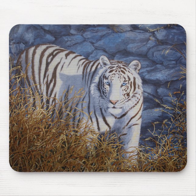 Mousepad Belo Tigre Branco com Olhos Azuis Cristais (Frente)