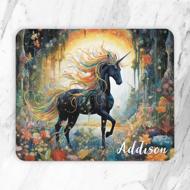 Mousepad Belo Unicórnio Preto Nome Personalizado (Criador carregado)