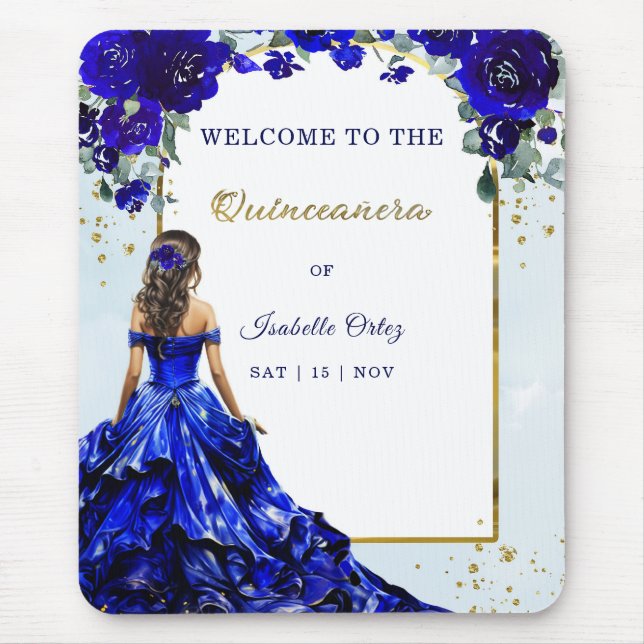 Mousepad Bem-vinda Quinceañera Azul Real e Dourado (Frente)