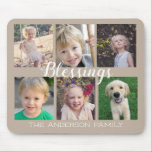 Mousepad Bênçãos Script 6 Fotografias Tan<br><div class="desc">Este mouse pad oferece um design simples com 6 quadros de fotos para fotos de sua família ou amigos. A caligrafia de estilo manuscrito da moda diz: "Bênçãos". Personalize este mouse bronzeado com seu nome de família.</div>