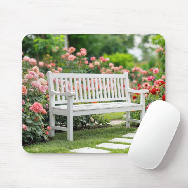 Mousepad Bencho Branco em um Jardim de Rosa de Verão (Com mouse)