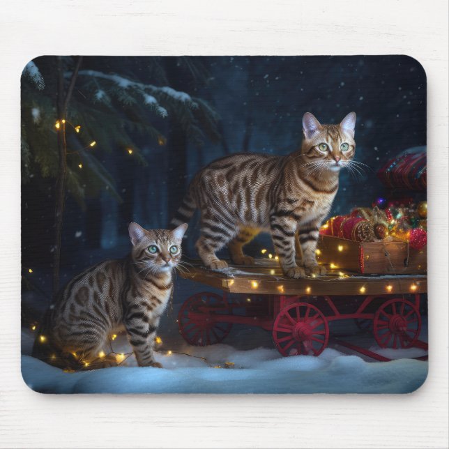 Mousepad Bengala Cat Snowy Sleigh Passear Decência de Natal (Frente)