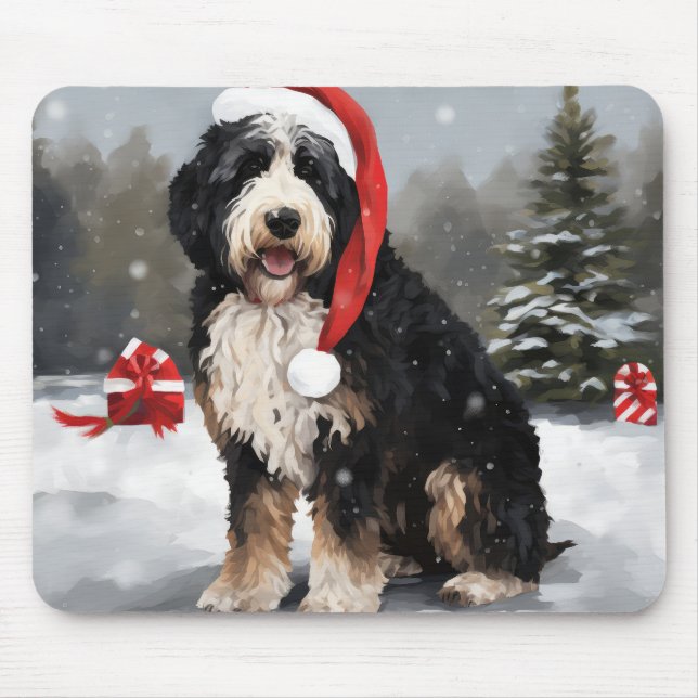 Mousepad Bernedoodle Cachorro na Neve Natal  (Frente)