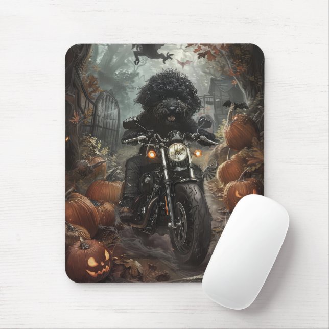 Mousepad Bernedoodle Pilotando Motocicleta Dia das Bruxas A (Com mouse)