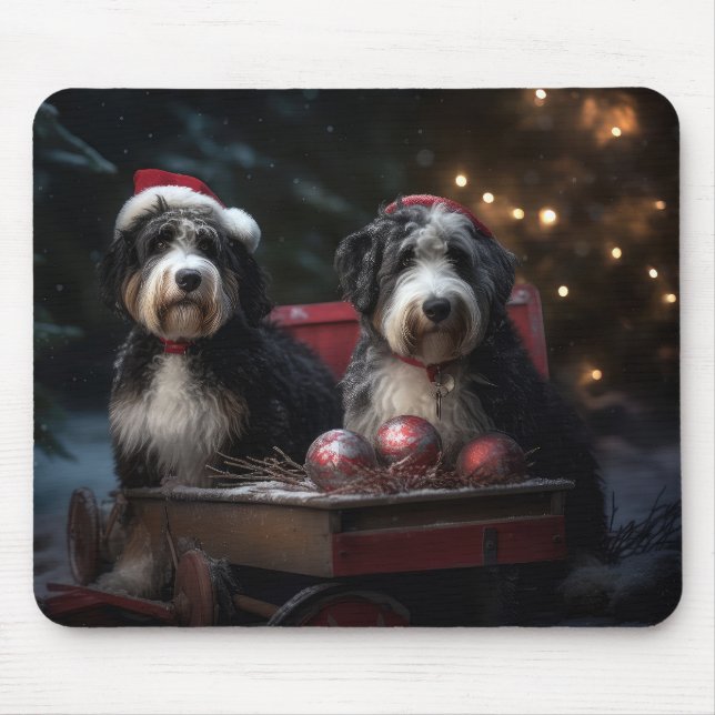 Mousepad Bernedoodle Snowy Sleigh Decência de Natal (Frente)
