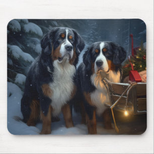 Mousepad Bernese Mountain Snowy Sleigh Decência de Natal