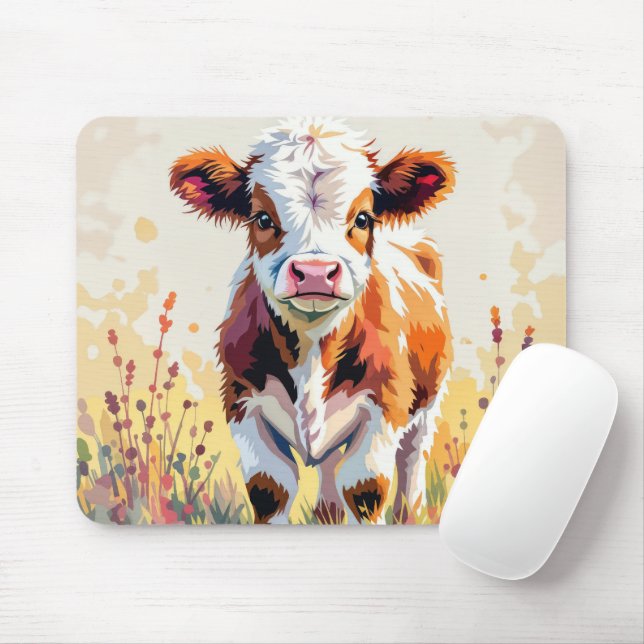 Mousepad Bezerro Aquarela Fofo em Campo com Ervas Daninhas (Com mouse)