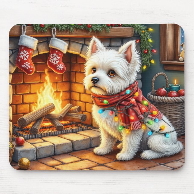 Mousepad Bichon Frise Lareira com Luzes de Natal (Frente)