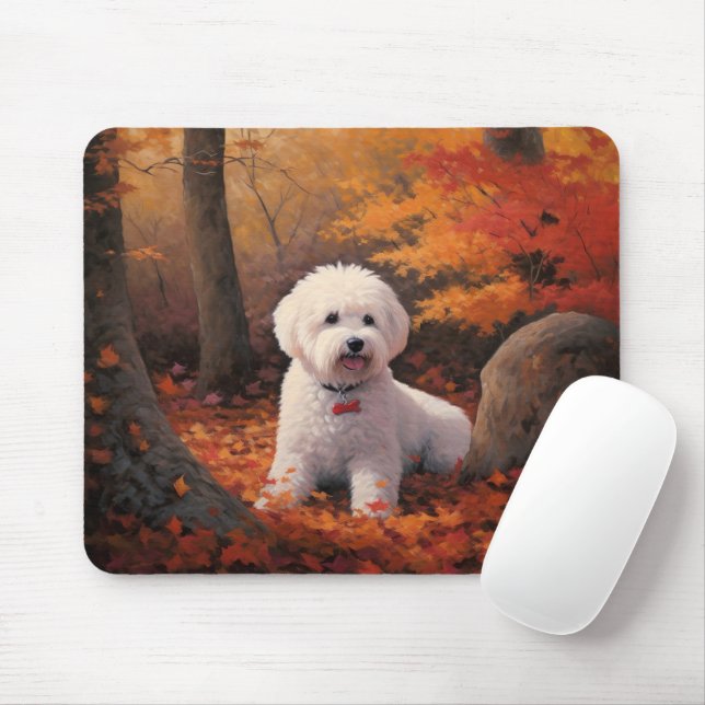 Mousepad Bichon Frise nas Folhas do outono Cai Inspire (Com mouse)