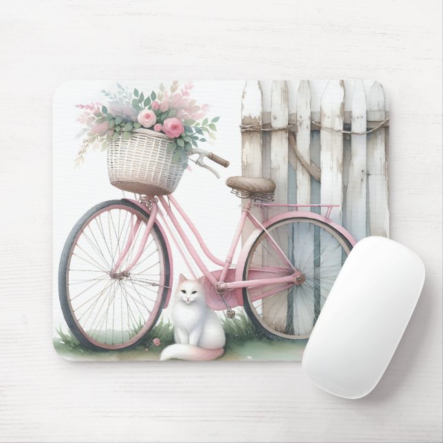 Mousepad Bicicleta Rosa e Gato Branco (Com mouse)