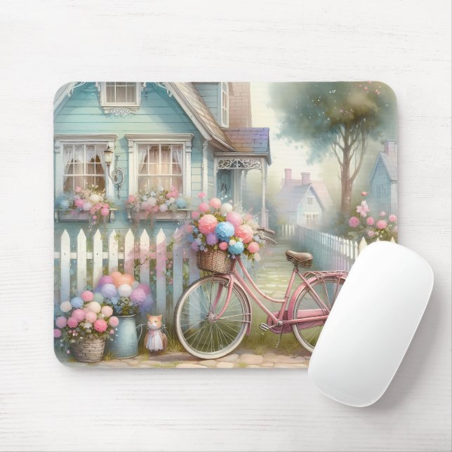 Mousepad Bicicleta Rosa na Porta Azul de Algodão (Com mouse)