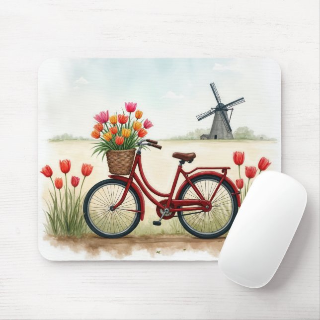 Mousepad Bicicleta Vermelha Com Tulipas Holandesas (Com mouse)