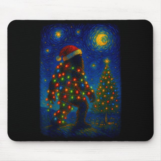 Mousepad Bigfoot Christmas Sasquatch Santa Hat Starry Night (Frente)