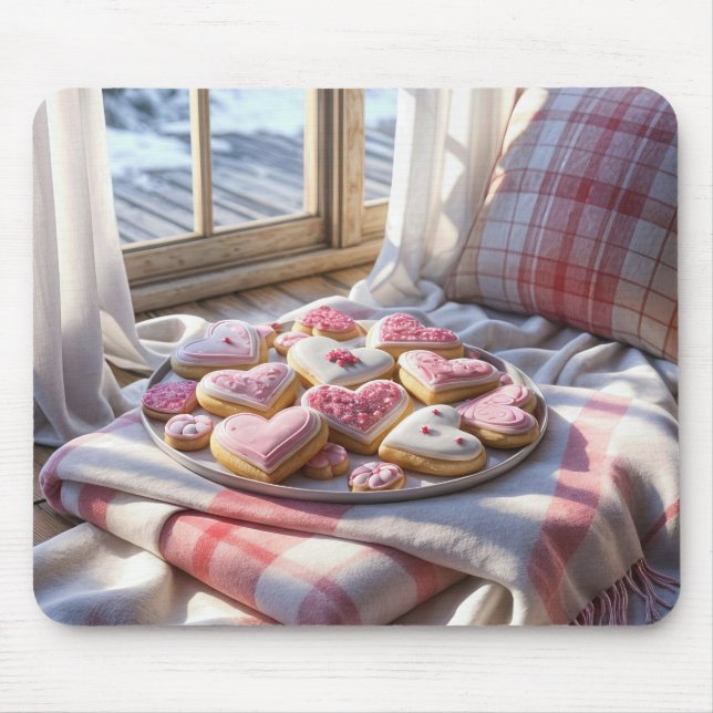 Mousepad Biscoitos em Forma de Coração em uma Coberta Xadre (Frente)