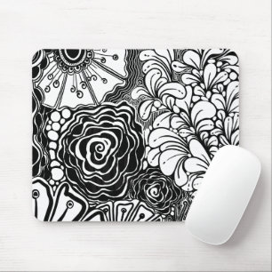 Mousepad Black And White Zen Floral Patterned Drawing