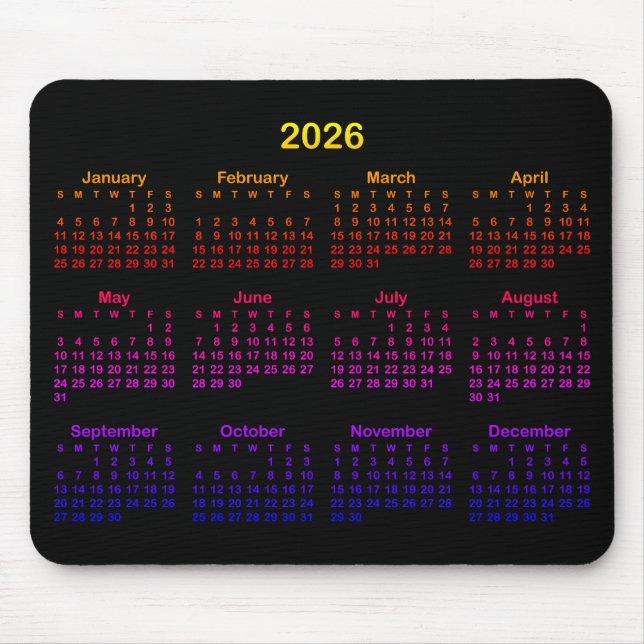 Mousepad Black Bright Rainbow Gradient 2026 Calendar (Frente)