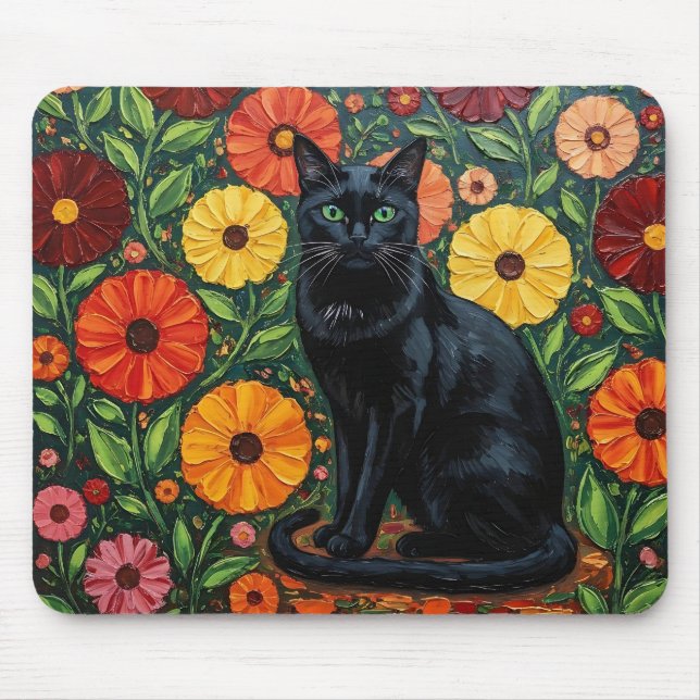 Mousepad Black Cat and Colorful Folk Art Flowers (Frente)