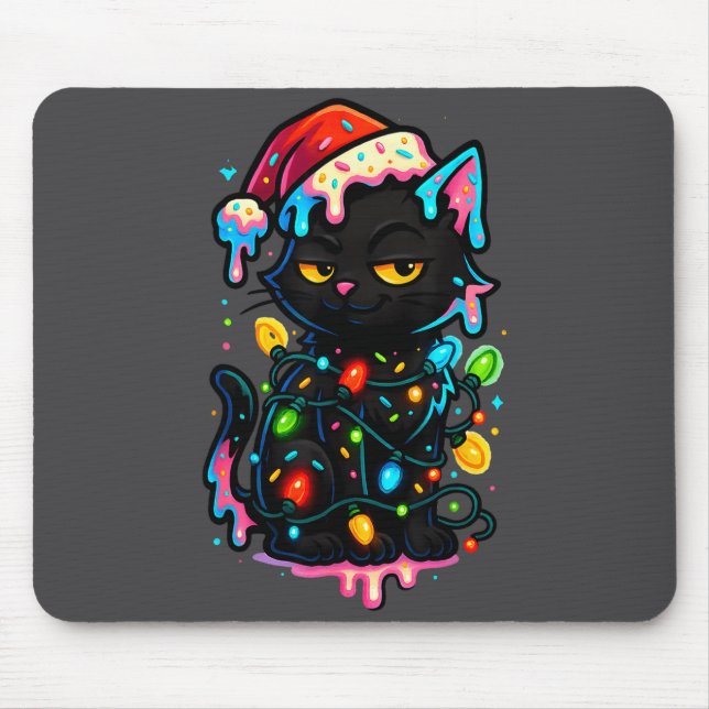 Mousepad Black Cat Christmas Ice Cream Drip Santa Hat Cute  (Frente)