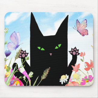 Mousepad Black Cat Spring Fever:  Kitty and Flowers